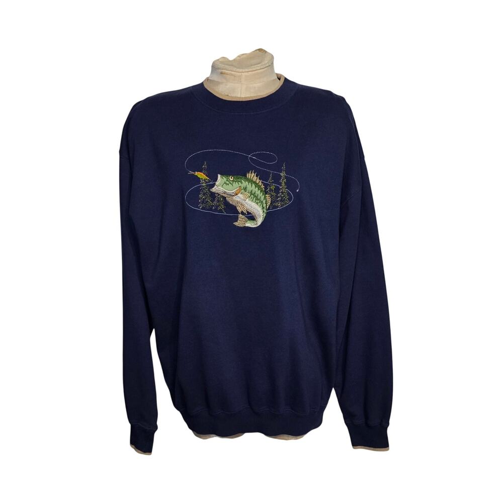 Vtg MC Sport Sweatshirt Large Crewneck‎ Pullover Sweater Bass Fishing Grandpa